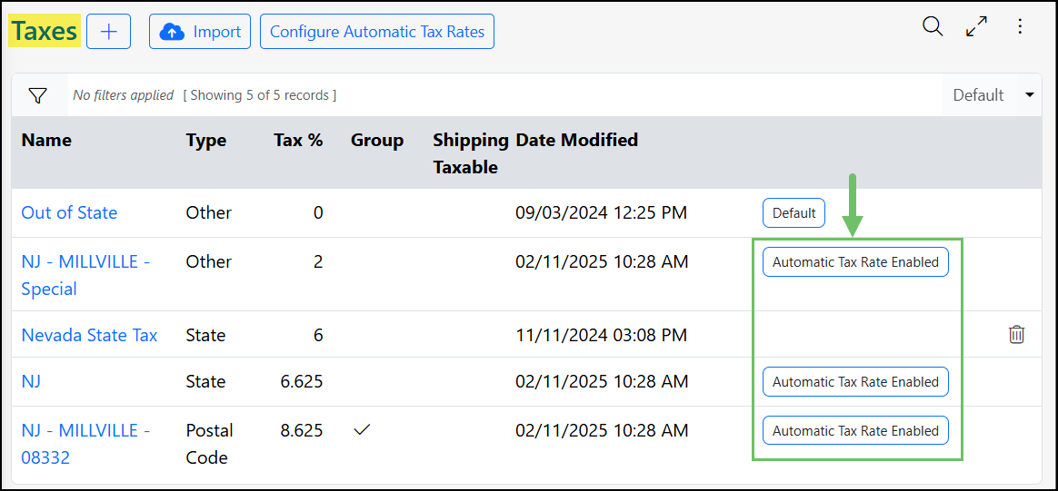Tax Agencies List with the Automatic Tax Rate Enabled tag being highlighted.