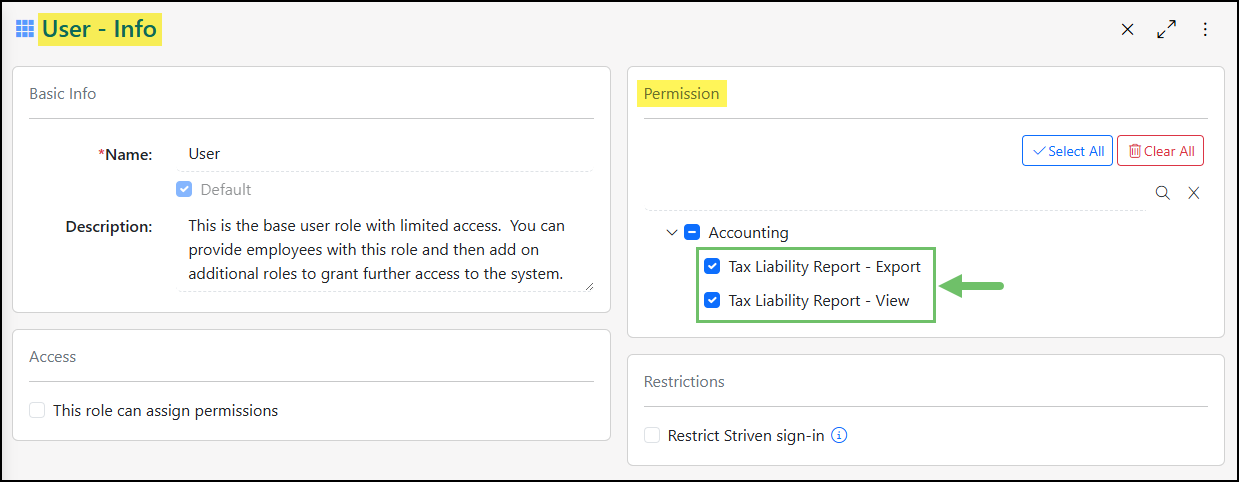 The Tax Liability Report Related Permissions in a User Role.