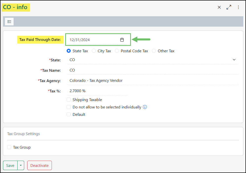The Tax Paid Through Date Option on Sales Tax Agency Page.