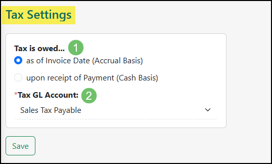 The Tax Settings Page Configuration Options.