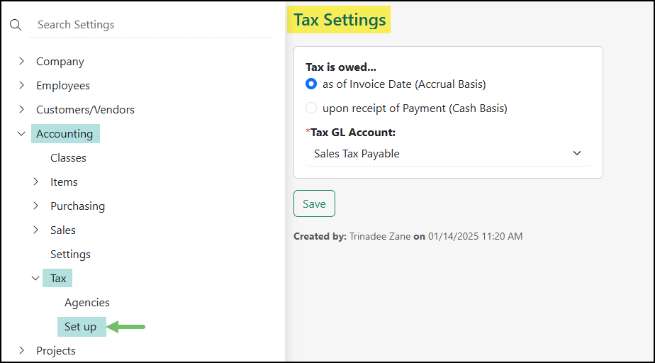 The Tax Settings Page which shows the navigational menu location.
