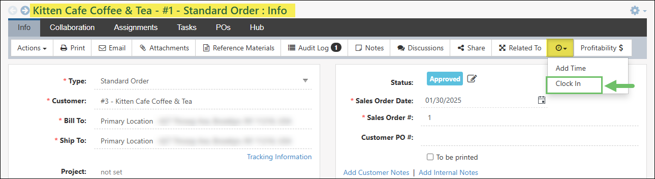The Time Clock Located in a Sales Order