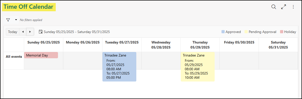 The Time Off Calendar displaying approved time off, pending time off, and holidays.