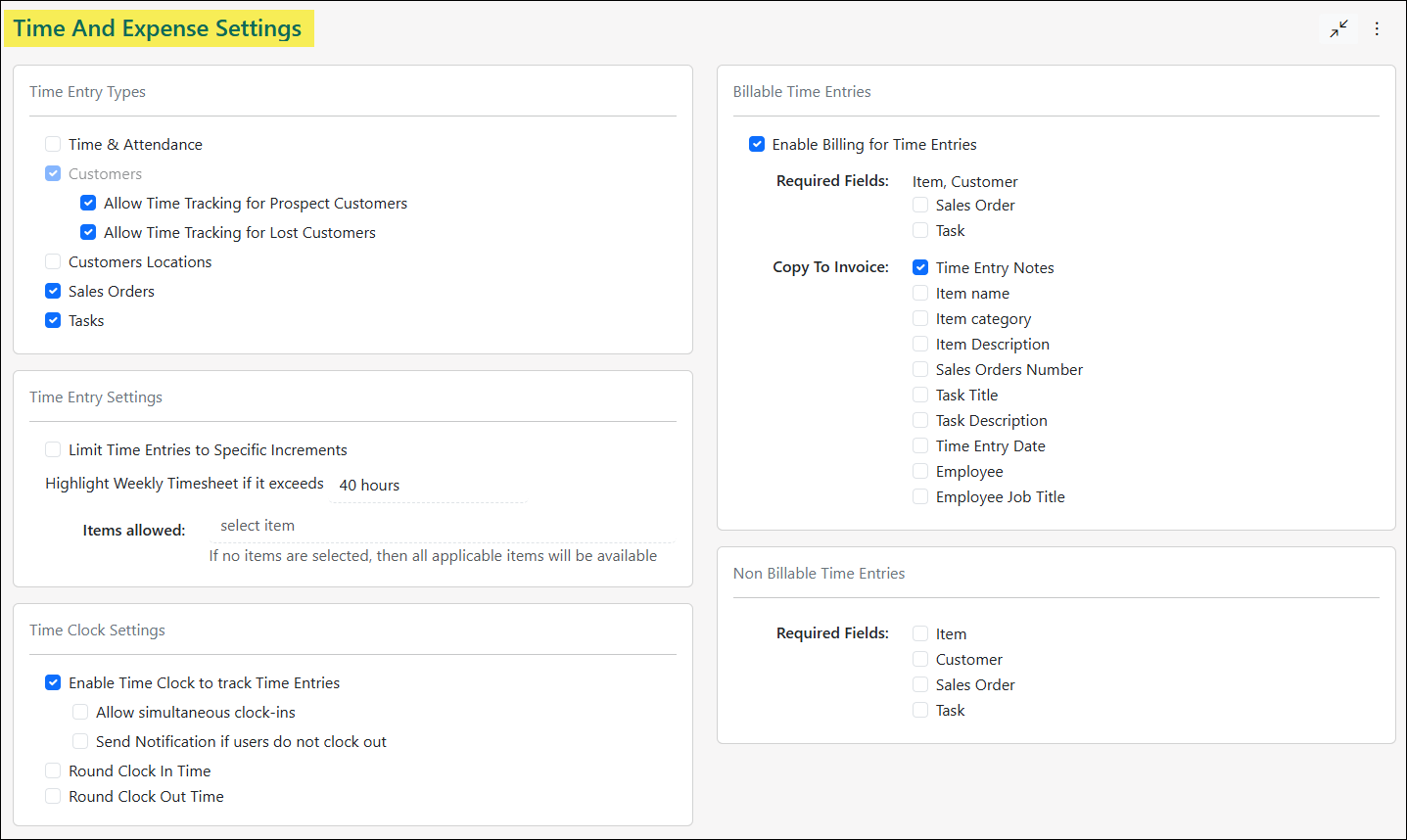 The Time and Expense Settings Page
