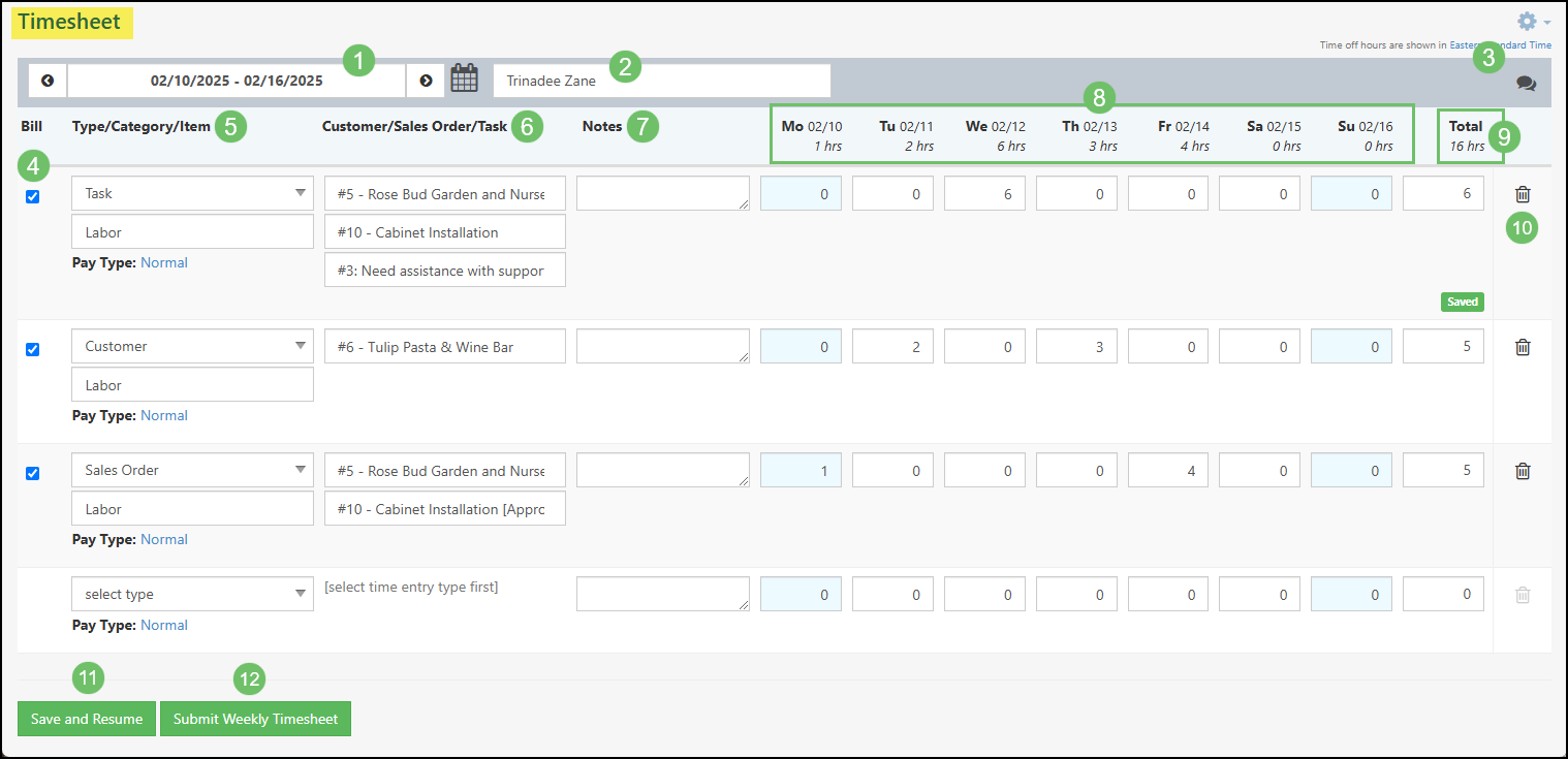 Timesheet page with an entry for a task, a customer, and a sales order.