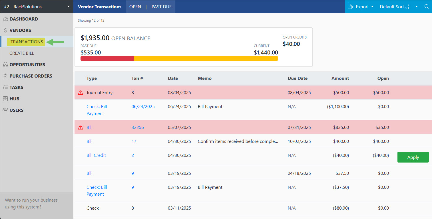 The Transactions List in the Vendor Portal