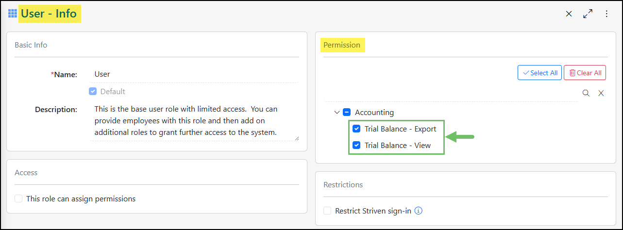 Example of the Trial Balance Related Permissions