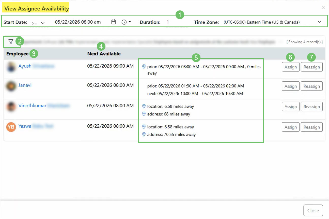 The View Assignee Availability Window in a Task
