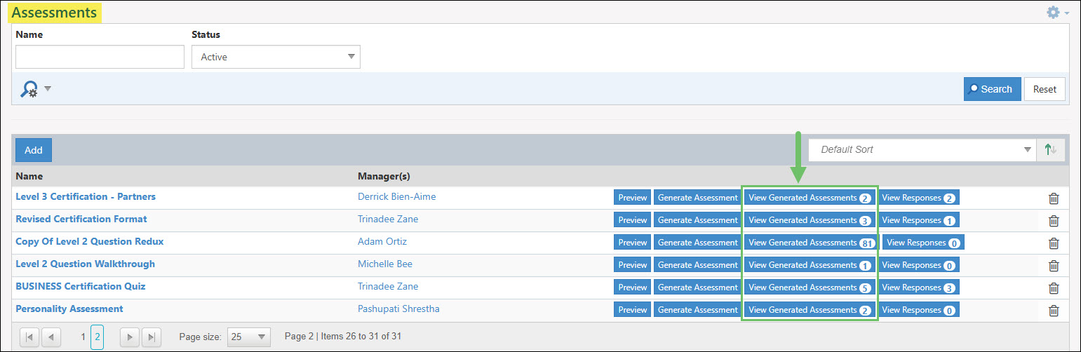 The View Generated Assessments Button