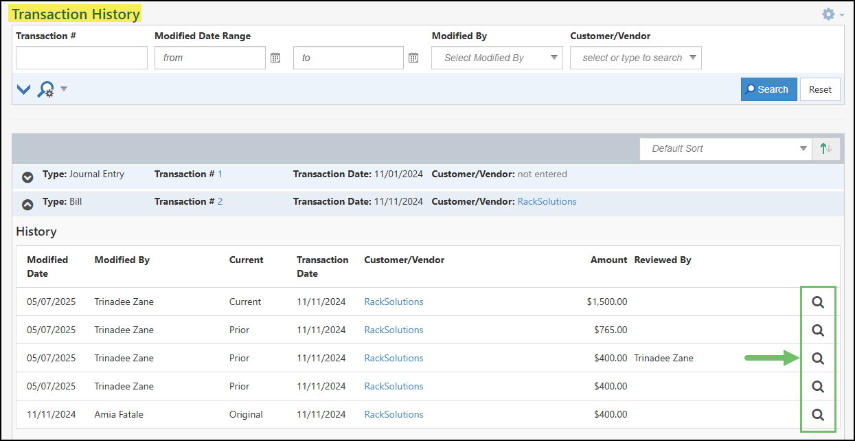 The View History Icon on the Transaction History Audit Trail Report