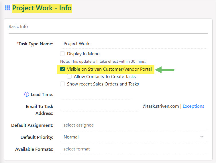 The Visible on Customer Portal Option on Task Type
