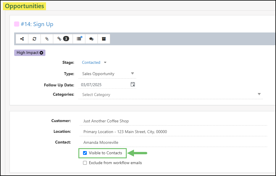 The Visible to Contacts Option in the Opportunity Info Page