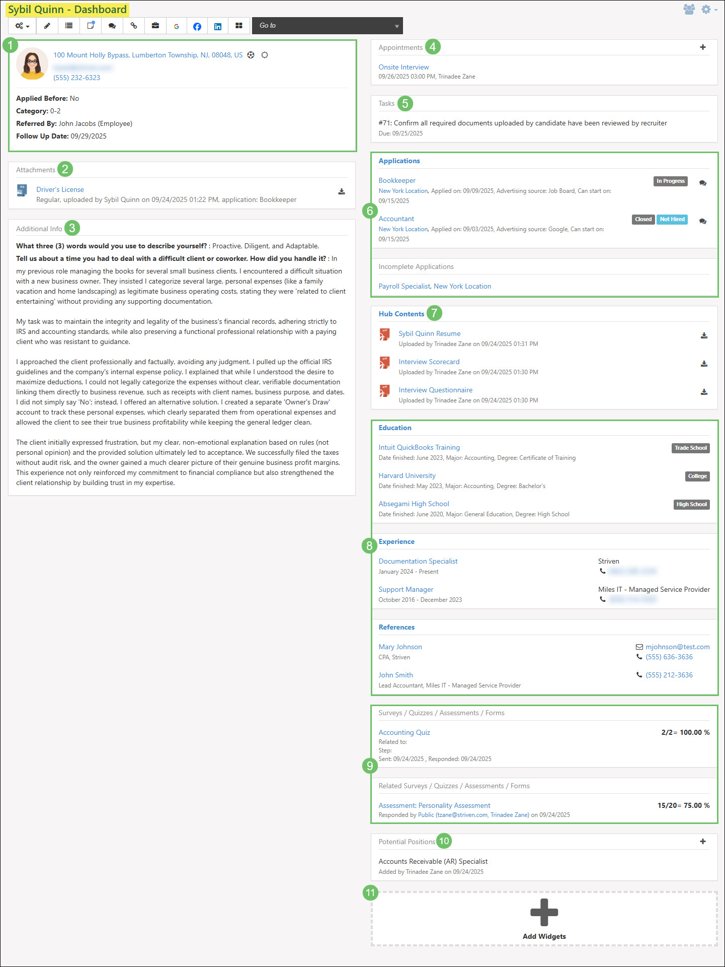 The Widgets Available on a Candidate’s Dashboard