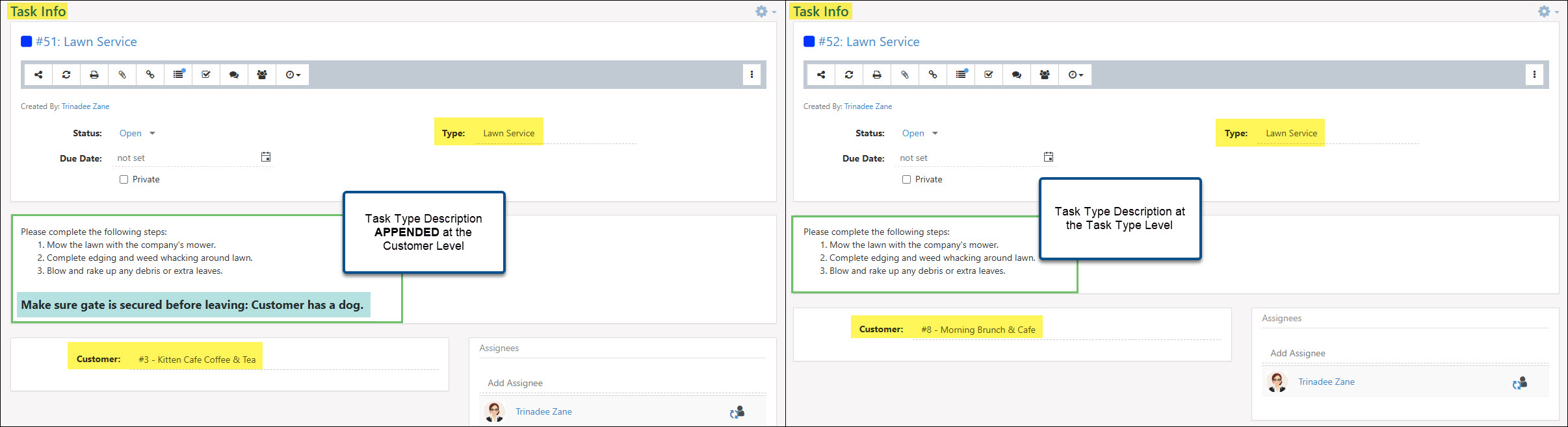 Tasks with Task Type Descriptions at the Task Type Level & the Customer Level