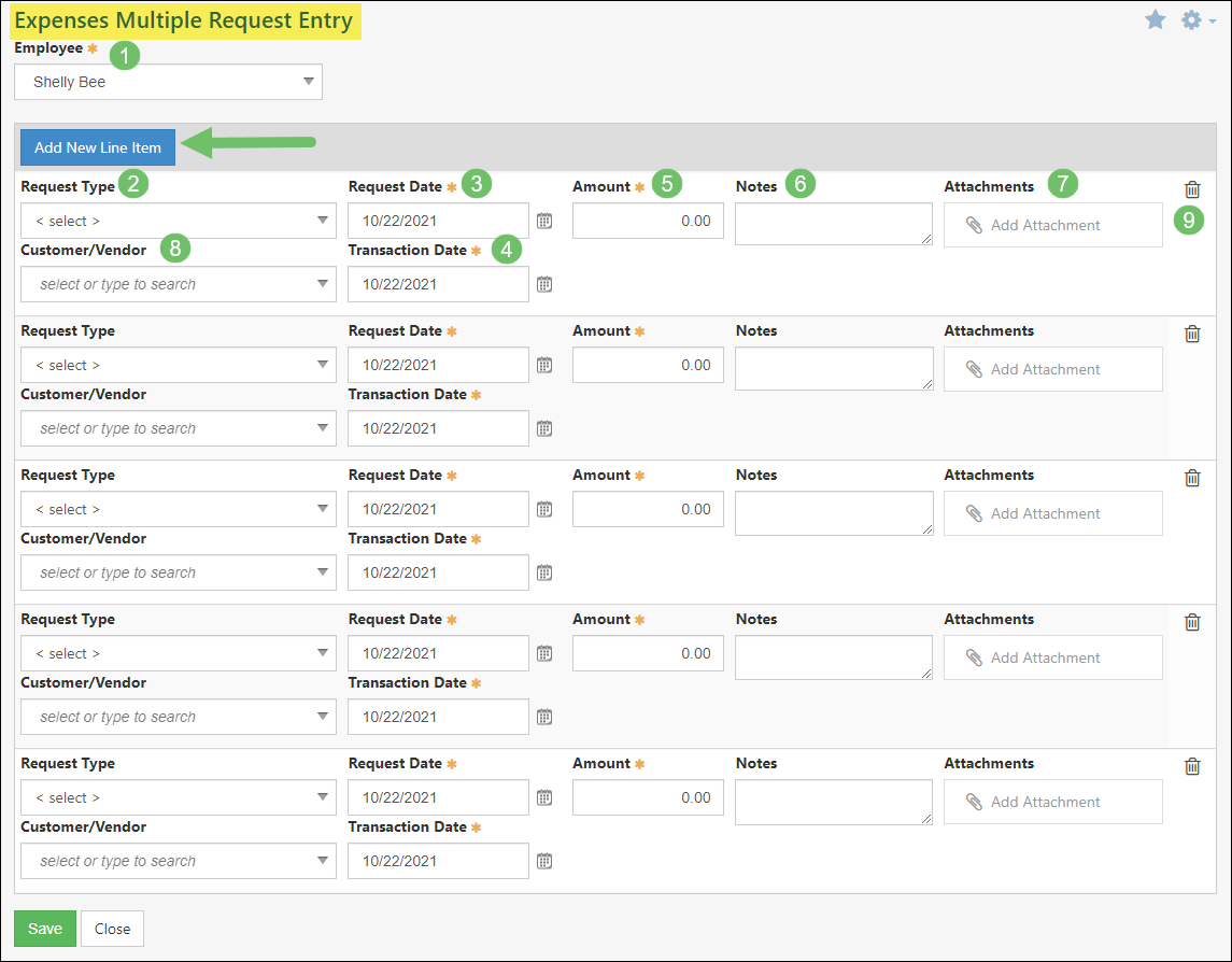 Expenses Multiple Request Entry page with several fields to enter expenses