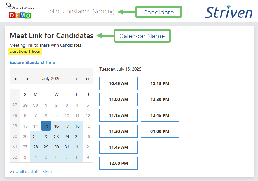 Candidate View of an External Appointment Link