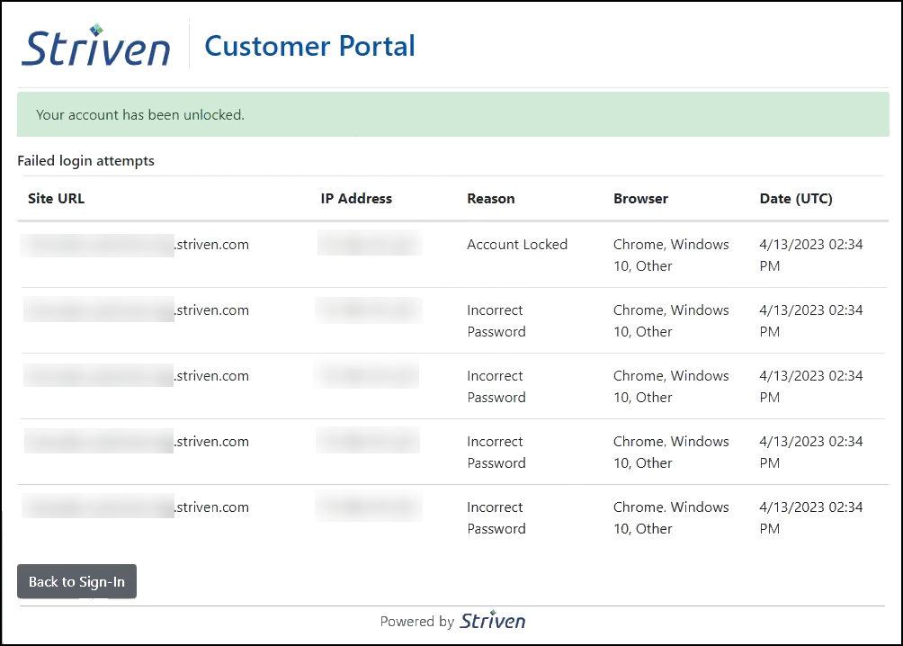 Failed login attempts page for Portal Account Lockout