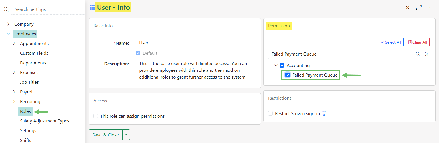 User Role showing the Failed Payment Queue permission in the Permissions section