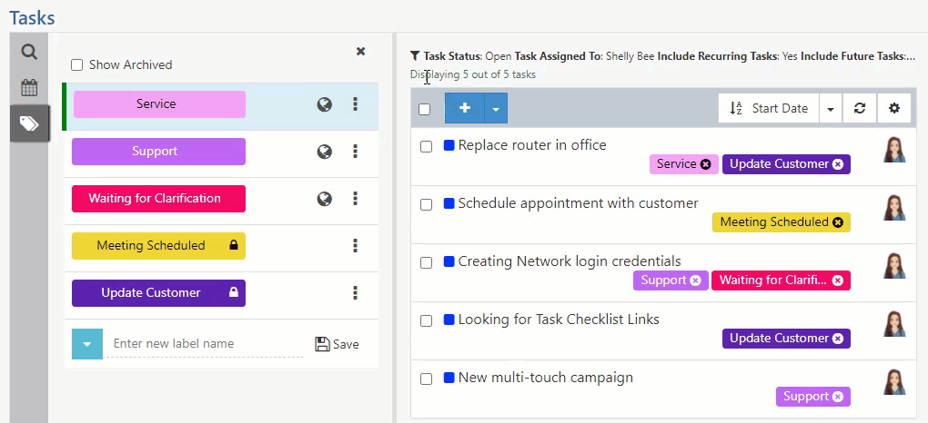 Animated gif showing filtering Tasks by Labels