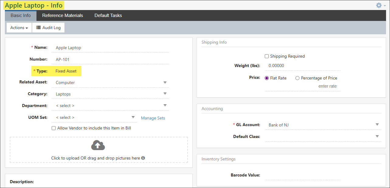 Example of a Fixed Asset type item in Striven