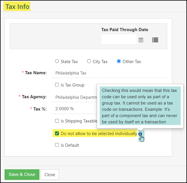 Tax Info Page with option to 