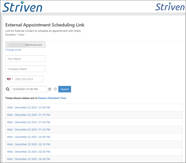 General Use External Appointment Link page to select a date and time slot