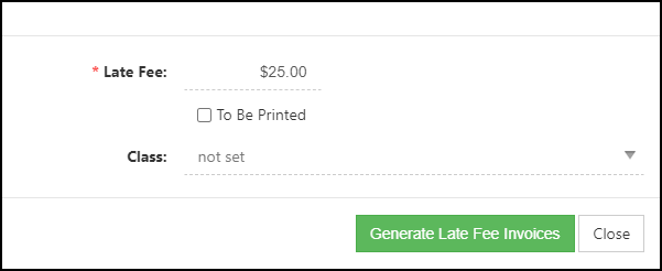 Example of the pop-up window that appears when selecting the Generate Late Fee options