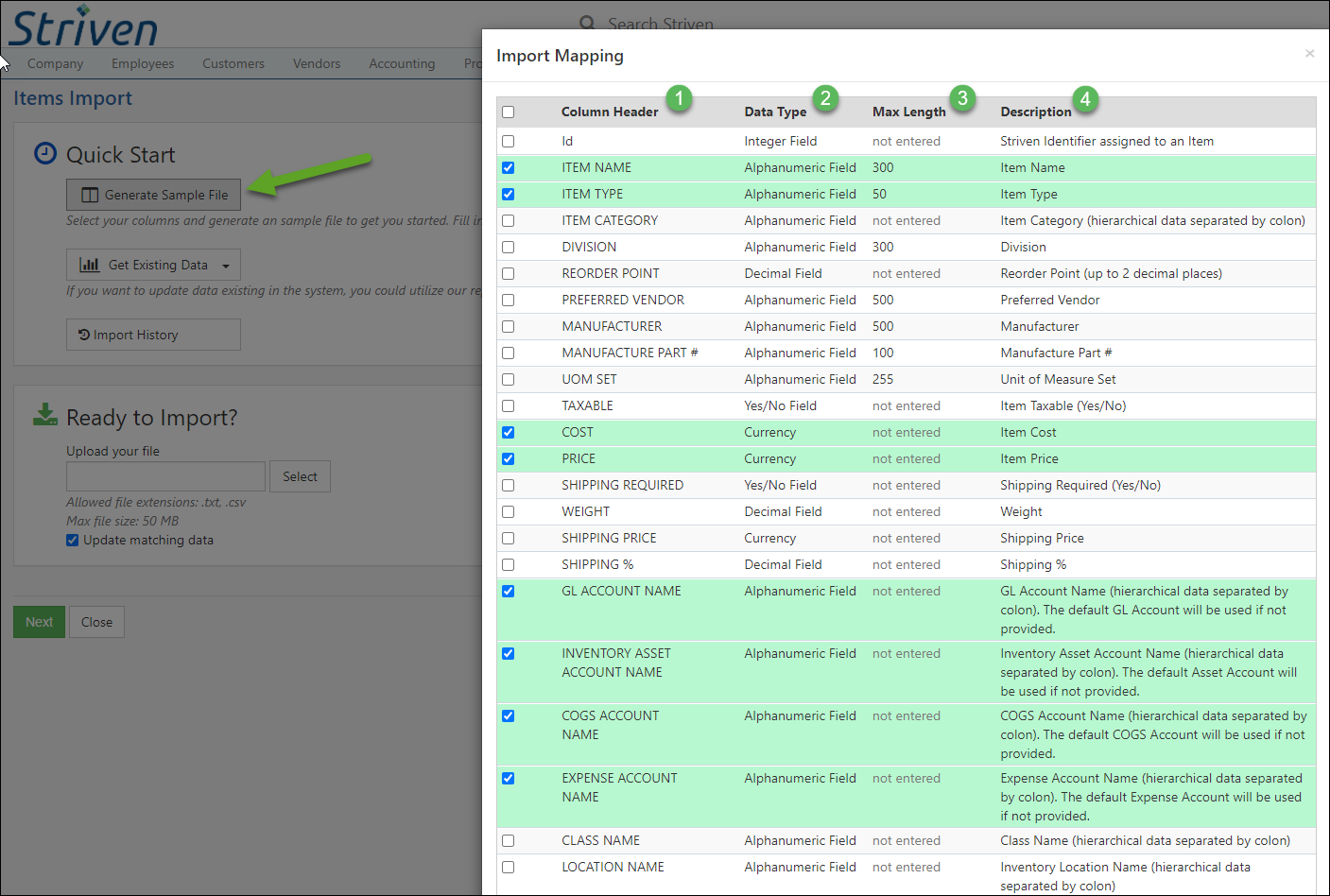 Generate Sample File including Column Headers, Data Type, Max Length, and Description