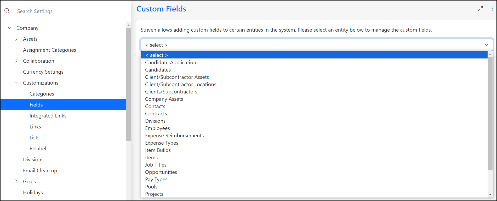 Image of the global custom field settings in Striven