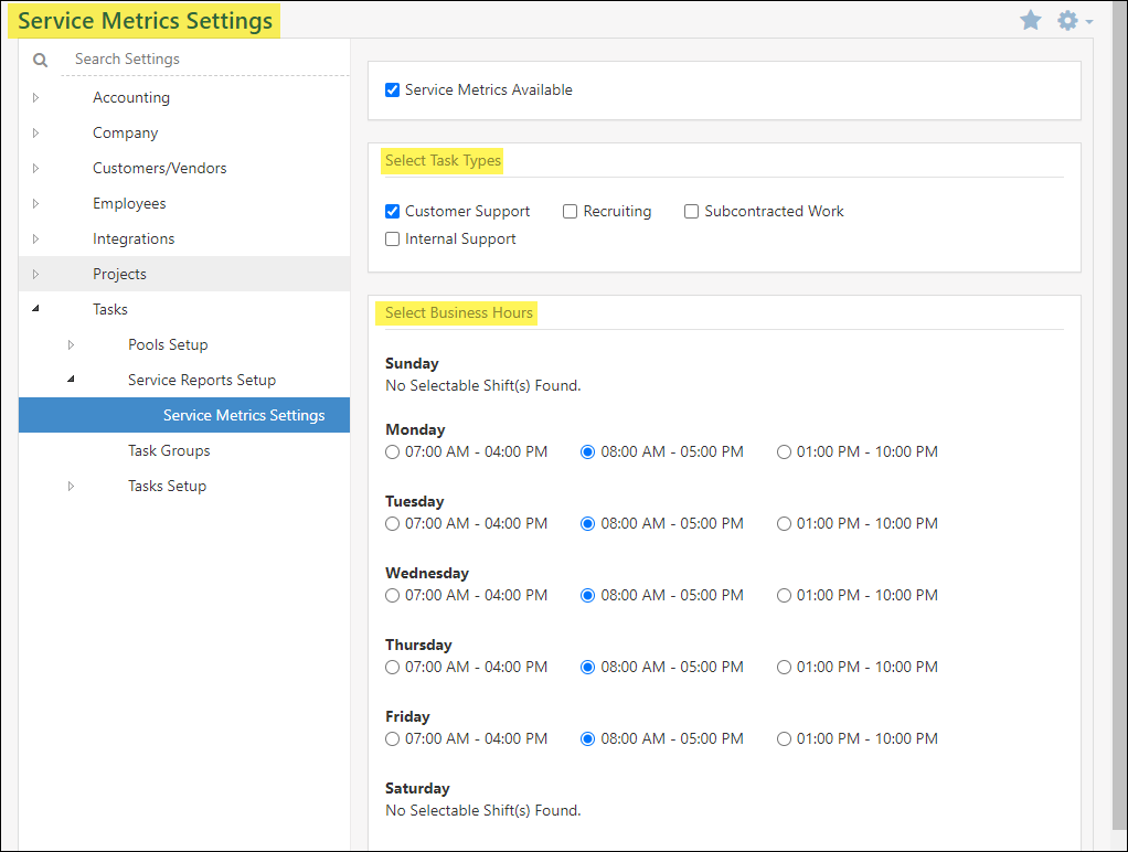 Global Level Service Metric Settings in Striven