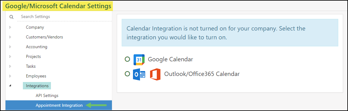 Google/Microsoft Calendar Settings page with options to turn on calendar integration
