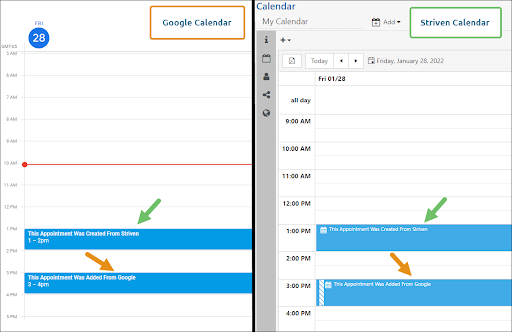 Views of adding appointments to Striven and Google calendars with integration