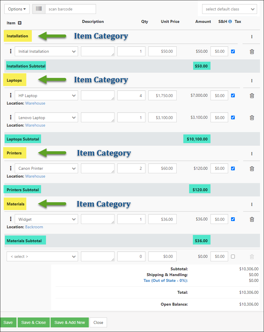 Line Item grouping by item category