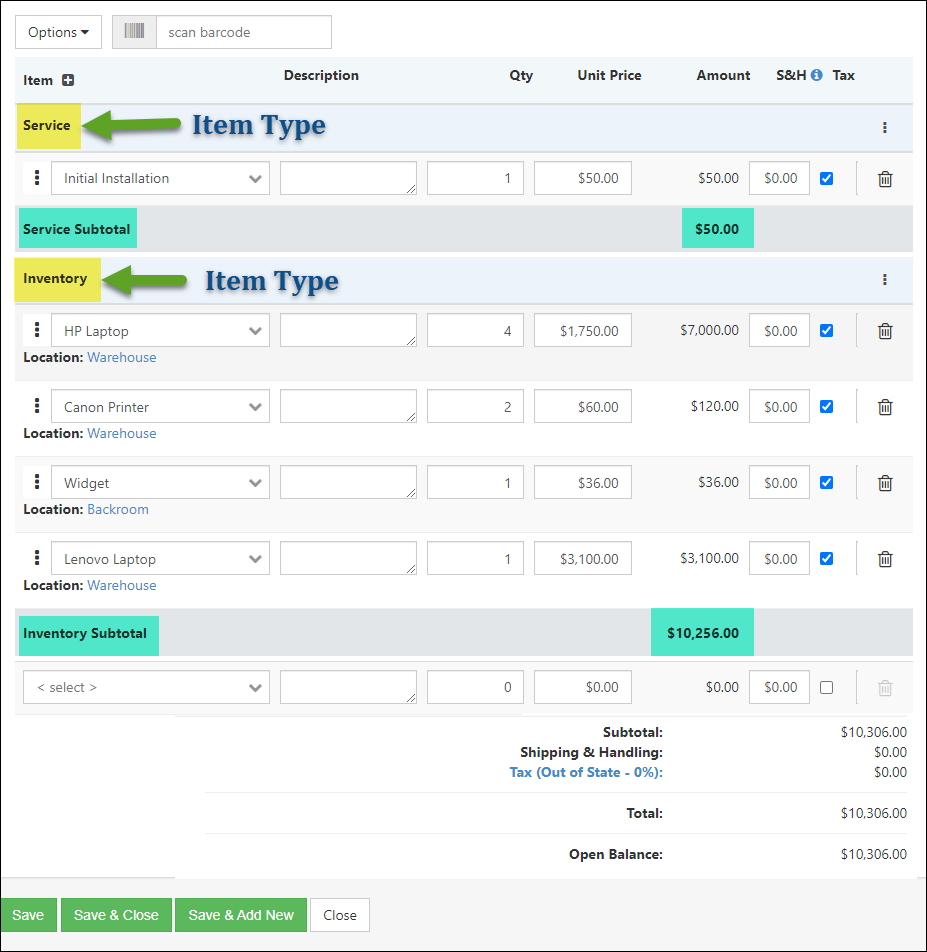 Line Item grouping by Item Type