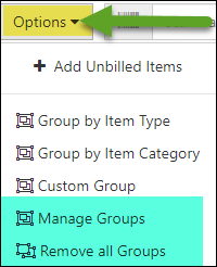 Line Item grouping options menu for manage groups and remove groups