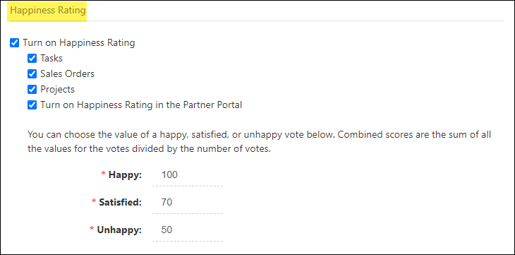 Happiness Ratings settings page