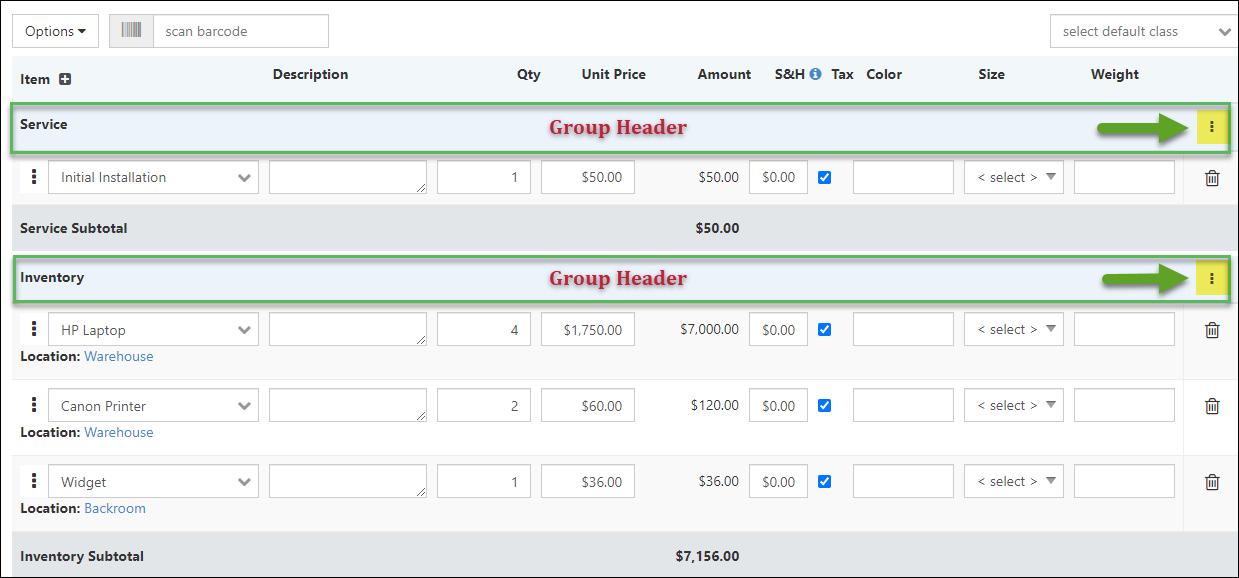 Line Item Grouping header kebab menu