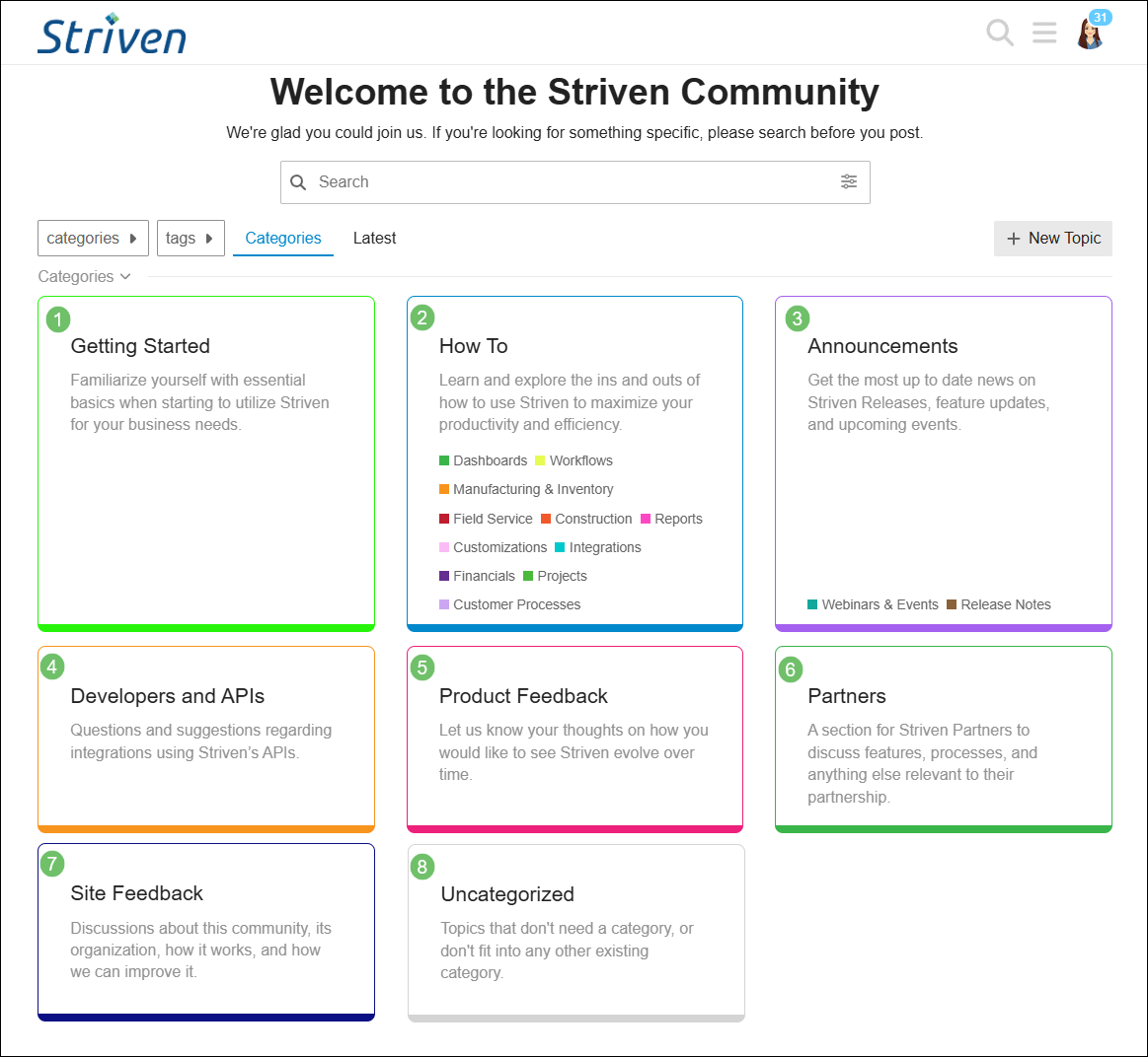Sample of the Striven Community Dashboard showing the topic categories