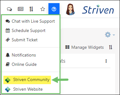 Striven Help menu highlighting the Striven Community option