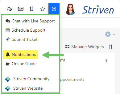 Striven Help menu highlighting the Notifications option
