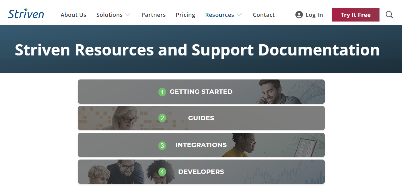 Sample of the Striven Resources & Support Documentation page with options for Getting started, guides, integrations, and developers