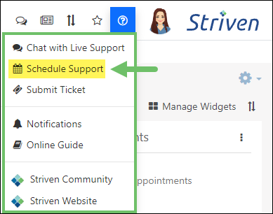 Striven Help menu highlighting the Schedule Support option