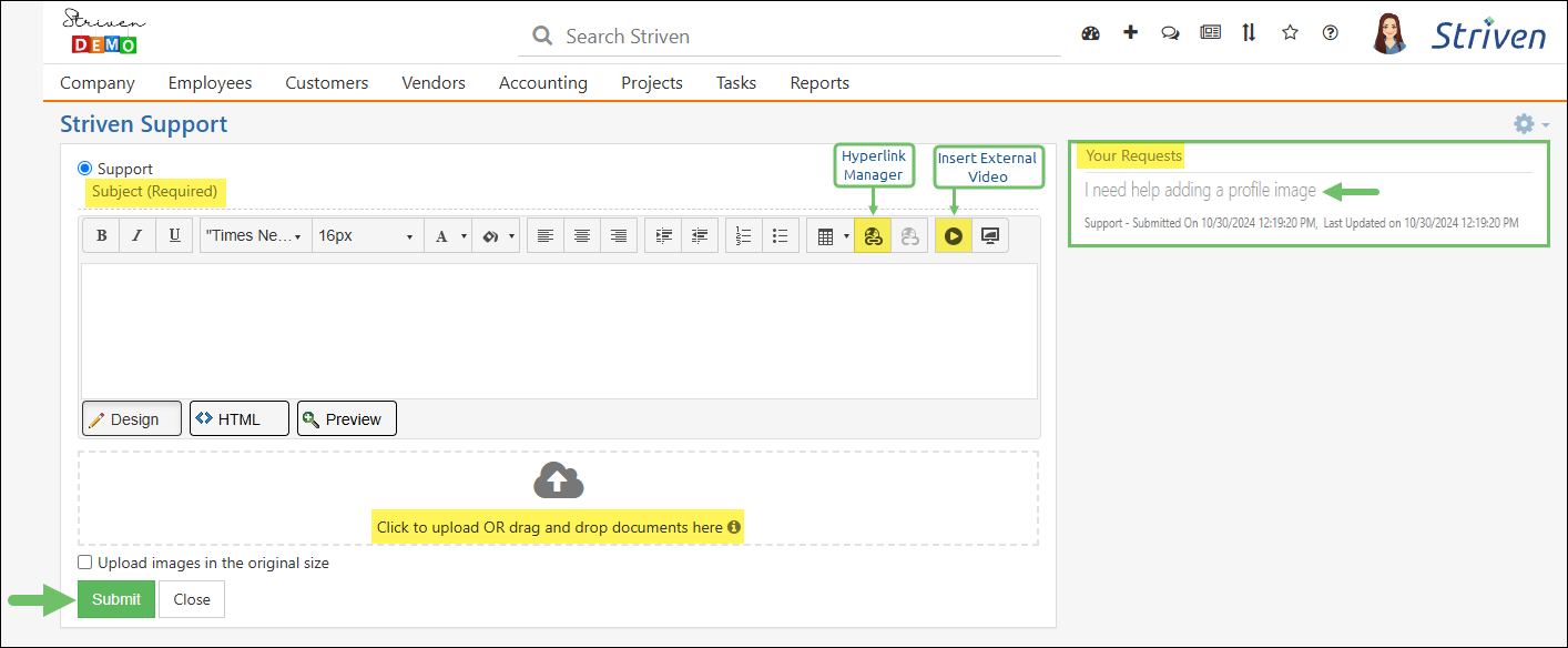 Support ticket page showing rich text editor for entering task details and Your Requests panel
