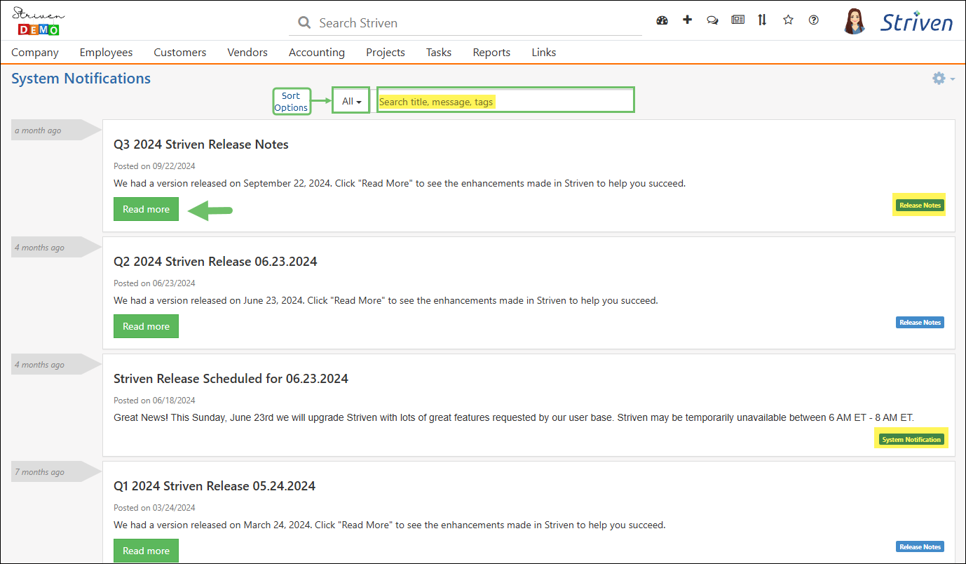 System Notifications page showing release notes, system notifications, and the read more button