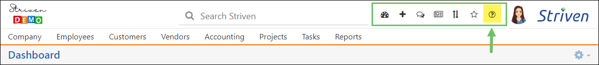 Striven Menu Bar highlighting the Help Menu icon