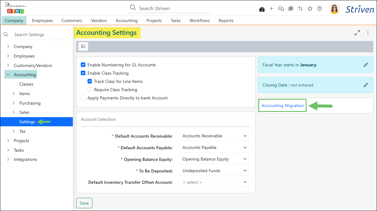 Accounting Settings page highlighting the option for the Accounting Migration tool on the right side of the page