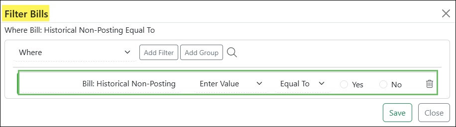 Report Builder filter settings for Historical Non-Posting using the Bills Dataset
