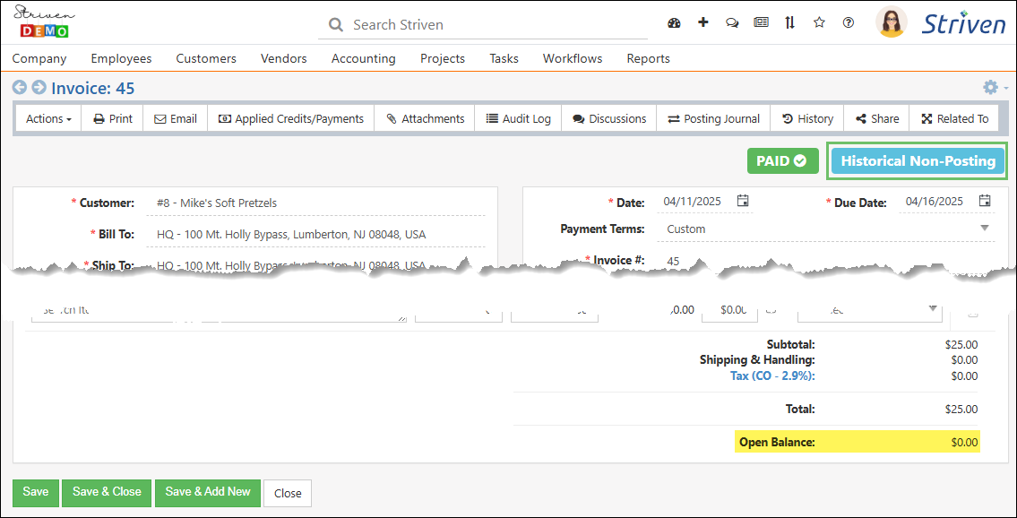 Invoice info page showing the Historical Non-Posting label and highlighting the zero open balance