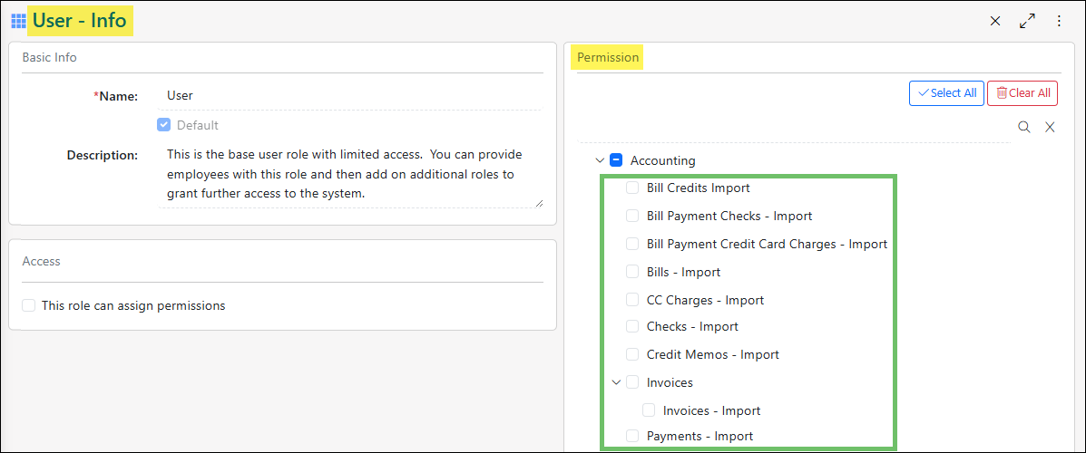 User Role settings showing the permissions related to transaction import access