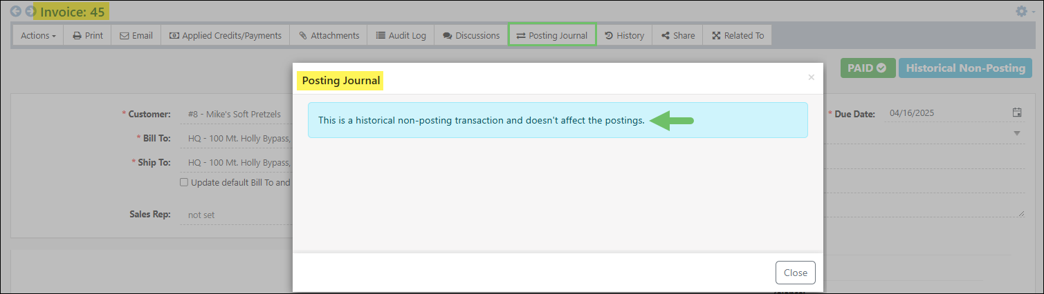 Posting Journal of a Historical Non-Posting Transaction explaining that it doesn't affect the postings
